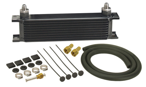 Fluid Cooler - 13 x 4.438 x 2 in - Plate Type - 10 AN Female O-Ring Inlet / Outlet - 6 AN Male Adapters - Fittings / Hardware / Hose - Aluminum / Copper - Black Powder Coat - Automatic Transmission - Kit