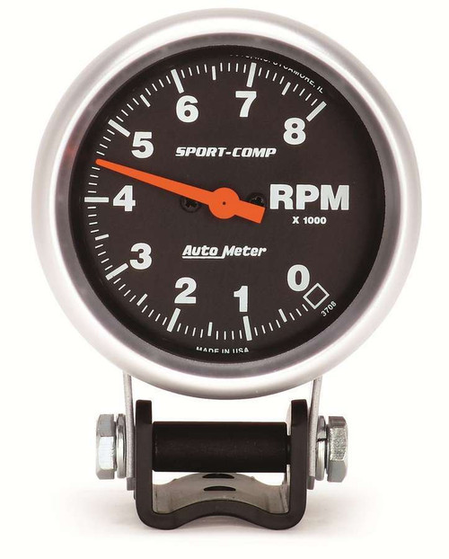 Tachometer - Sport-Comp - 8000 RPM - Electric - Analog - 2-5/8 in Diameter - Pedestal Mount - Black Face - Each
