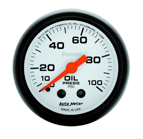 Oil Pressure Gauge - Phantom - 0-100 psi - Mechanical - Analog - Full Sweep - 2-1/16 in Diameter - White Face - Each