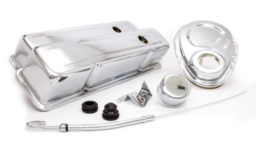 Engine Dress Up Kit - Tall Valve Covers / Breather / Dipstick / Grommets / Timing Cover / Timing Tab - Steel - Chrome - Small Block Chevy - Kit