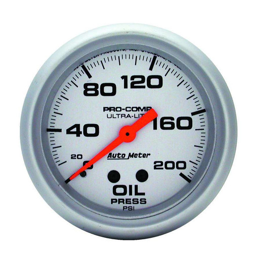 Oil Pressure Gauge - Ultra-Lite - 0-200 psi - Mechanical - Analog - Full Sweep - 2-5/8 in Diameter - Silver Face - Each