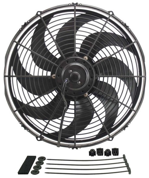 Electric Cooling Fan - Dyno Cool - 16 in Fan - Push / Pull - 1980 CFM - 12V - Curve Blade - 16-1/2 x 15-5/8 in - 3-5/8 in - Install Kit - Plastic - Kit