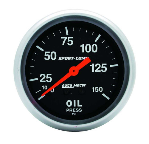 Oil Pressure Gauge - Sport-Comp - 0-150 psi - Mechanical - Analog - Full Sweep - 2-5/8 in Diameter - Black Face - Each