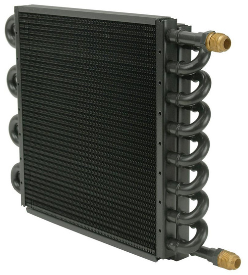 Fluid Cooler - 13.5 x 9.125 x 1.75 in - Tube Type - 8 AN Hose Barb Inlet / Outlet - Aluminum / Copper - Black Powder Coat - Automatic Transmission - Kit