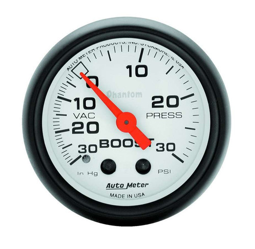 Boost / Vacuum Gauge - Phantom - 30 in HG-30 psi - Mechanical - Analog - 2-1/16 in Diameter - White Face - Each Boost / Vacuum Gauge - Phantom - 30 in HG-30 psi - Mechanical - Analog - 2-1/16 in Diameter - White Face - Each