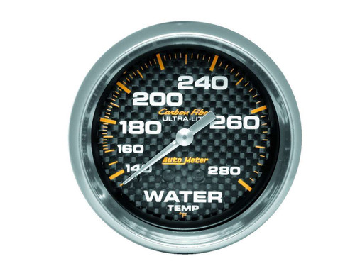Water Temperature Gauge - Carbon Fiber - 140-280 Degree F - Mechanical - Analog - Full Sweep - 2-5/8 in Diameter - Carbon Fiber Look Face - Each