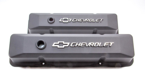 Valve Cover - Die-Cast - Tall - Baffled - Breather Hole - Raised Chevrolet Bowtie Logo - Aluminum - Black Crinkle Powder Coat - Small Block Chevy - Pair