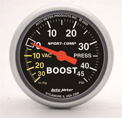 Boost / Vacuum Gauge - Sport-Comp - 30 in HG-45 psi - Mechanical - Analog - 2-1/16 in Diameter - Black Face - Each Boost / Vacuum Gauge - Sport-Comp - 30 in HG-45 psi - Mechanical - Analog - 2-1/16 in Diameter - Black Face - Each