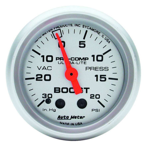 Boost / Vacuum Gauge - Ultra-Lite - 30 in HG-20 psi - Mechanical - Analog - 2-1/16 in Diameter - Silver Face - Each