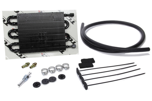 Fluid Cooler - 16.188 x 10 x 0.75 in - Tube Type - 6 AN Female Inlet / Outlet - 11/32 in Hose Barb Adapters - Fitting / Hardware / Hose - Aluminum - Black Paint - Automatic Transmission - Kit