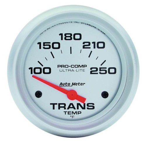 Transmission Temperature Gauge - Ultra-Lite - 100-250 Degree F - Electric - Analog - Short Sweep - 2-5/8 in Diameter - Silver Face - Each Transmission Temperature Gauge - Ultra-Lite - 100-250 Degree F - Electric - Analog - Short Sweep - 2-5/8 in Diameter - Silver Face - Each