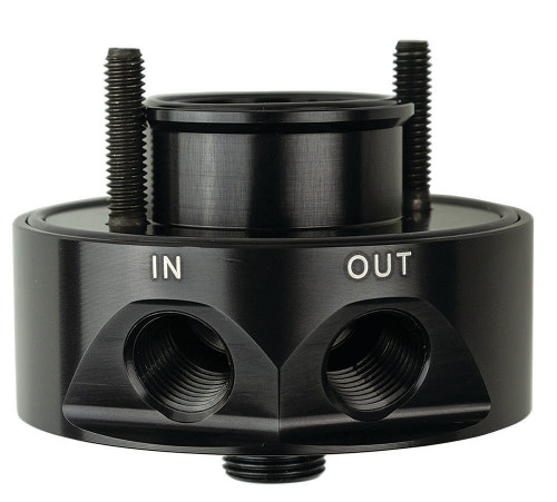 Oil Cooler Adapter - Sandwich - Bolt-On - 1/2 in NPT Female Inlet - 1/2 in NPT Female Outlet - Aluminum - Black Anodized - Chevy V8 - Each Oil Cooler Adapter - Sandwich - Bolt-On - 1/2 in NPT Female Inlet - 1/2 in NPT Female Outlet - Aluminum - Black Anodized - Chevy V8 - Each