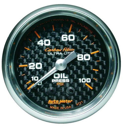 Oil Pressure Gauge - Carbon Fiber - 0-100 psi - Mechanical - Analog - Full Sweep - 2-1/16 in Diameter - Carbon Fiber Look Face - Each