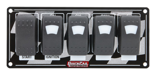 Switch Panel - Dash Mount - 7 x 3 in - 4 Rockers / 1 Momentary Rocker - Indicator Lights - Checkered - Each Switch Panel - Dash Mount - 7 x 3 in - 4 Rockers / 1 Momentary Rocker - Indicator Lights - Checkered - Each