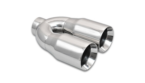 Exhaust Tip - Weld-On - 2-1/2 in Inlet - 3-1/2 in Dual Outlet - 10 in Long - Double Wall - Beveled Edge - Stainless - Polished - Each