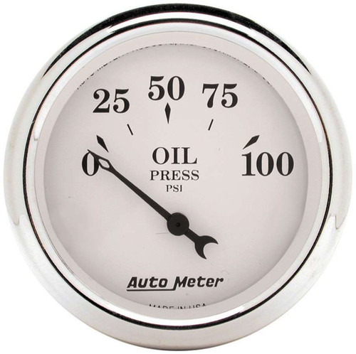 Oil Pressure Gauge - Old Tyme White - 0-100 psi - Electric - Analog - Short Sweep - 2-1/16 in Diameter - White Face - Each