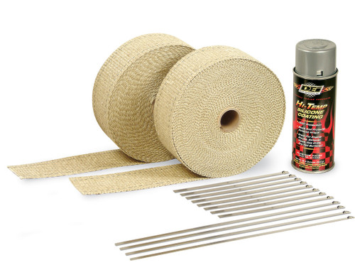 Exhaust Wrap - Automotive - 2 in Wide - Two 50 ft Rolls - Aluminum Silicone Coating - Stainless Locking Ties - Woven Fiberglass - Tan - Kit