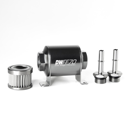 Fuel Filter - In-Line - 10 Micron - Stainless Element - 5/16 in Male Hose Barb Inlet - 5/16 in Male Hose Barb Outlet - Aluminum - Titanium Anodized - Ford Mustang 2005-20 - Each