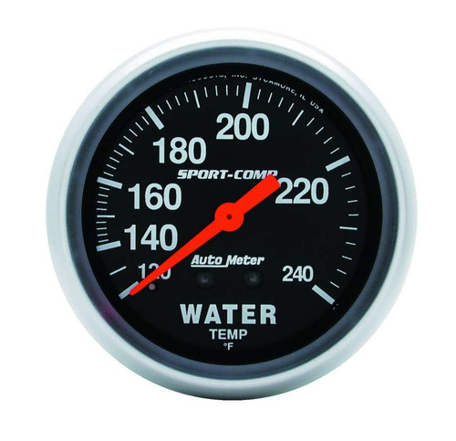 Water Temperature Gauge - Sport-Comp - 120-240 Degree F - Mechanical - Analog - Full Sweep - 2-5/8 in Diameter - Black Face - Each