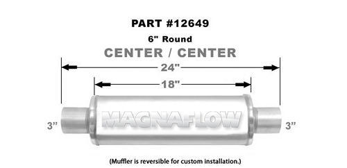 Muffler - 3 in Center Inlet - 3 in Center Outlet - 6 in Diameter - 24 in Long - Stainless - Satin - Universal - Each