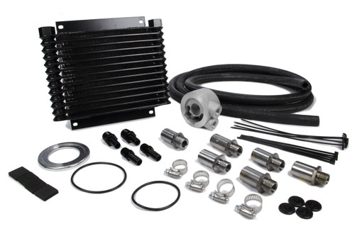 Fluid Cooler - 9000 Series - 10.125 x 8.875 x 1.25 in - Plate Type - 1/2 in NPT Female Inlet / Outlet - Fittings / Hardware / Hose - Aluminum - Black Powder Coat - Engine Oil - Kit