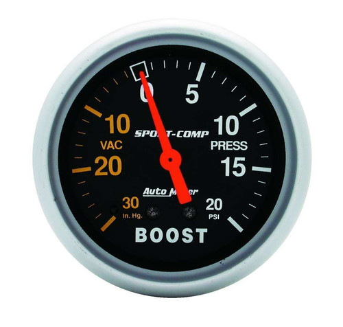 Boost / Vacuum Gauge - Sport-Comp - 30 in HG-20 psi - Mechanical - Analog - 2-5/8 in Diameter - Black Face - Each
