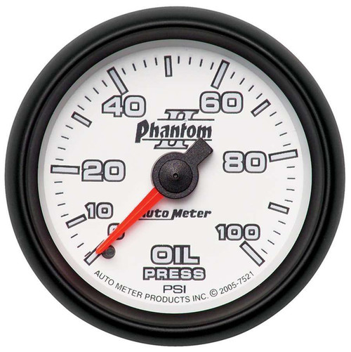 Oil Pressure Gauge - Phantom II - 0-100 psi - Mechanical - Analog - 2-1/16 in Diameter - White Face - Each