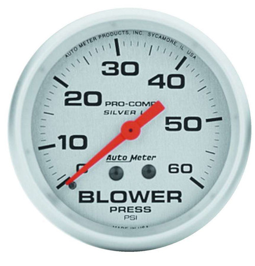 Blower Pressure Gauge - Ultra-Lite - 0-60 psi - Mechanical - Analog - 2-5/8 in Diameter - Liquid Filled - Silver Face - Each