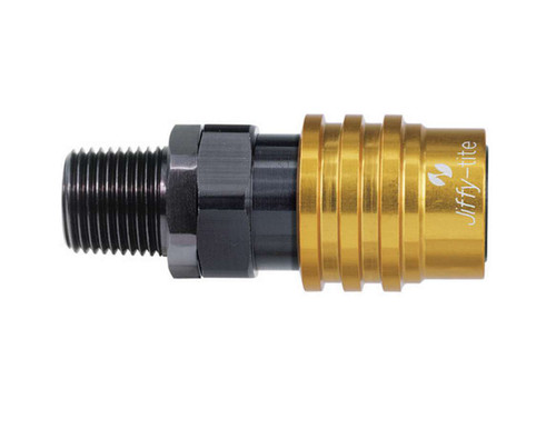 Quick Release Adapter - 5000 Series - Straight - 1/2 in NPT Male to Quick Release Socket - Valved - FKM Seal - Aluminum - Black / Gold Anodized - Each