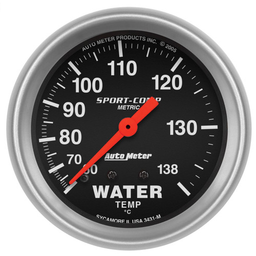 Water Temperature Gauge - Sport-Comp - 60-140 Degree C - Mechanical - Analog - Full Sweep - 2-5/8 in Diameter - Black Face - Each