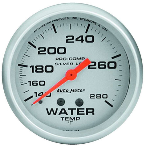 Water Temperature Gauge - Ultra-Lite - 140-280 Degree F - Mechanical - Analog - Full Sweep - 2-5/8 in Diameter - Liquid Filled - Silver Face - Each