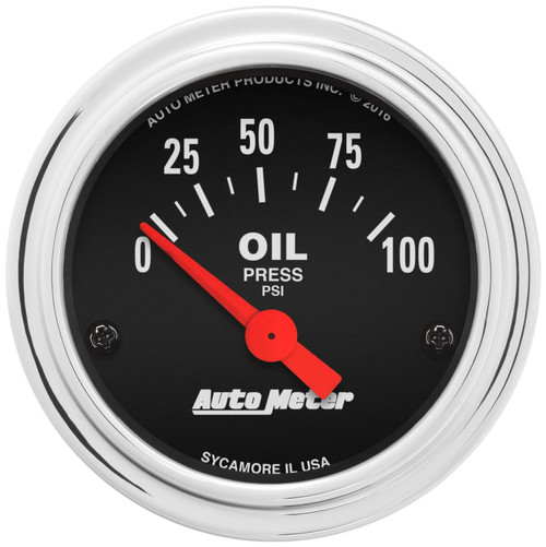 Oil Pressure Gauge - Traditional Chrome - 0-100 psi - Electric - Analog - Short Sweep - 2-1/16 in Diameter - Black Face - Each Oil Pressure Gauge - Traditional Chrome - 0-100 psi - Electric - Analog - Short Sweep - 2-1/16 in Diameter - Black Face - Each