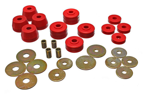 Body Mount Bushing - Hyper-Flex - Polyurethane / Steel - Red / Cadmium - Dodge Ram Fullsize Truck 1972-85 - Kit