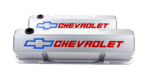 Valve Cover - Slant-Edge - Tall - Baffled - Breather Hole - Recessed Chevrolet Bowtie Logo - Aluminum - Metallic Gray - Small Block Chevy - Pair