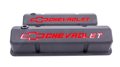 Valve Cover - Slant-Edge - Tall - Baffled - Breather Hole - Recessed Chevrolet Bowtie Logo - Aluminum - Black Crinkle Powder Coat - Small Block Chevy - Pair