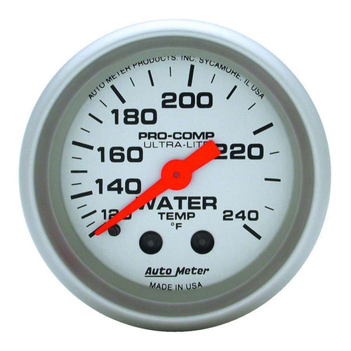 Water Temperature Gauge - Ultra-Lite - 120-240 Degree F - Mechanical - Analog - Full Sweep - 2-1/16 in Diameter - Silver Face - Each