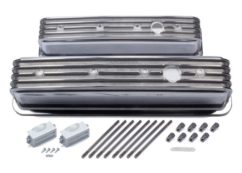 Valve Cover - Stock Height - Breather Holes - Hardware Included - Finned - Aluminum - Polished - Center Bolt - Small Block Chevy - Pair