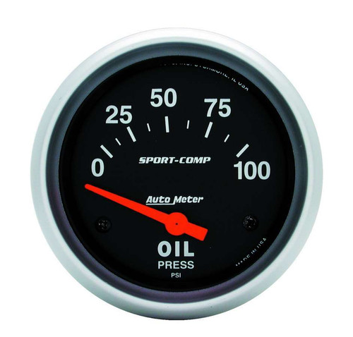 Oil Pressure Gauge - Sport-Comp - 0-100 psi - Electric - Analog - Short Sweep - 2-5/8 in Diameter - Black Face - Each