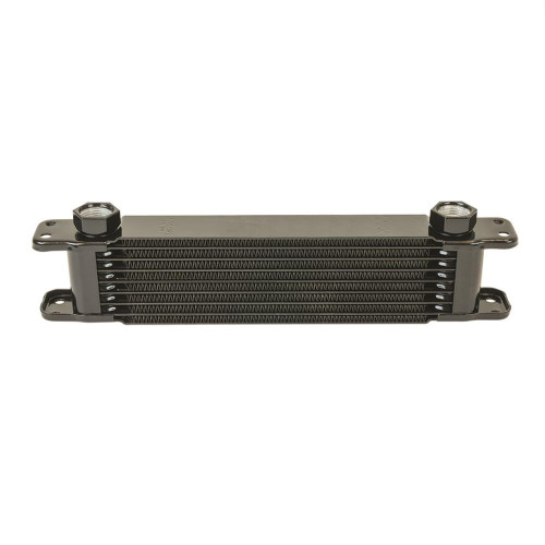 Fluid Cooler - 11 x 2.75 x 1.75 in - Plate Type - 7 Row - 10 AN Female O-Ring Inlet / Outlet - 10 AN Male Adapter - Fittings Included - Aluminum - Black Paint - Engine Oil - Each