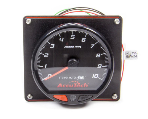 Tachometer - AccuTech SMI - 10000 RPM - Analog - 4-1/2 in Diameter - Dash Mount - Black Face - Shift Light - Aluminum Panel - Each