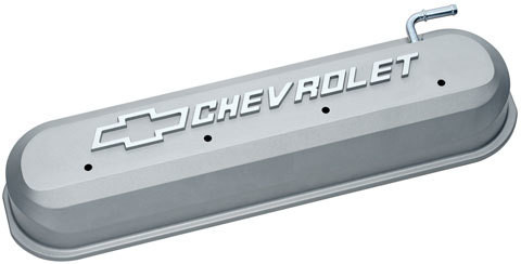 Valve Cover - LS Slant-Edge - Tall - Baffled - PCV Tube - Raised Chevrolet Bowtie Logo - Hardware Included - Aluminum - Gray - GM LS-Series - Pair