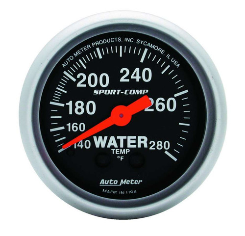 Water Temperature Gauge - Sport-Comp - 140-280 Degree F - Mechanical - Analog - Full Sweep - 2-1/16 in Diameter - Black Face - Each