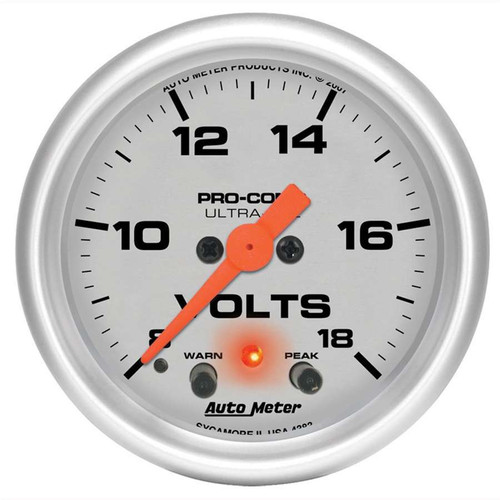 Voltmeter - Ultra-Lite - 8-18V - Electric - Analog - Full Sweep - 2-1/16 in Diameter - Peak and Warn - Silver Face - Each