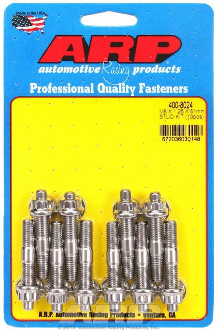 Stud - 8 mm x 1.25 Thread - 2 in Long - 12 Point Nuts - Stainless - Polished - Universal - Set of 10