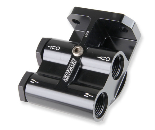 Oil Filter Mount - Remote Mount - Two 10 AN Female O-Ring Inlets - Two 10 AN Female O-Ring Outlets - Aluminum - Black Anodized - Each