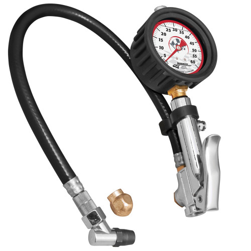 Tire Inflator and Gauge - Quick Fill - 0-60 psi - Air Line / Fittings - Analog - Liquid Filled - Glow in the Dark - 2-1/2 in Diameter - Each