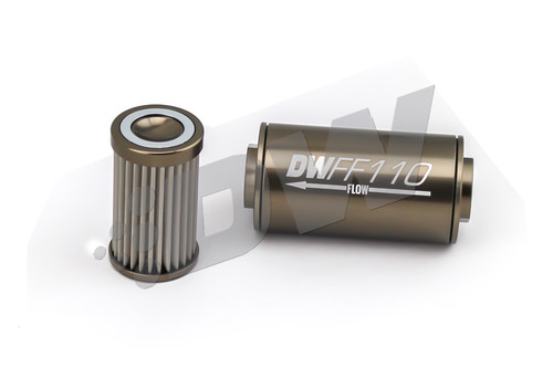 Fuel Filter - In-Line - 10 Micron - Stainless Element - 10 AN Female O-Ring Inlet - 10 AN Female O-Ring Outlet - 110 mm Long - Aluminum - Titanium Anodized - Each