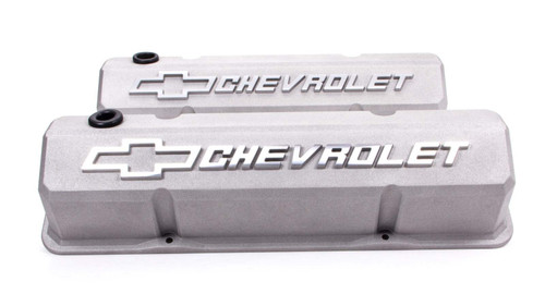 Valve Cover - Slant-Edge - Tall - Baffled - Breather Hole - Raised Chevrolet Bowtie Logo - Aluminum - Gray Crinkle Powder Coat - Small Block Chevy - Pair