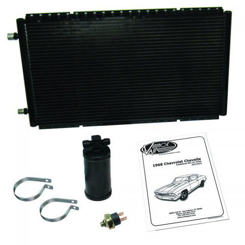 Air Conditioning Condenser and Drier - Gen IV SureFit - Horizontal - 24 x 14 x 13/16 in - 6 AN / 8 AN Male O-Ring Fittings - Aluminum - Black Paint - GM A-Body 1968 - Kit