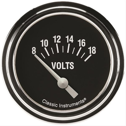Voltmeter - Hot Rod - 8-18 Volts - Electric - Analog - Short Sweep - 2-5/8 in Diameter - Low Step Stainless Bezel - Flat Lens - Black Face - Each Voltmeter - Hot Rod - 8-18 Volts - Electric - Analog - Short Sweep - 2-5/8 in Diameter - Low Step Stainless Bezel - Flat Lens - Black Face - Each